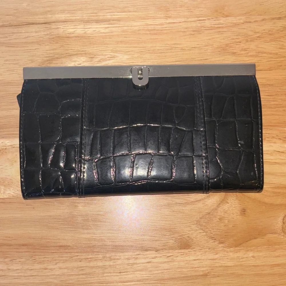 Woman’s Vintage Black Croc Clutch Wallet with Silver Frame
